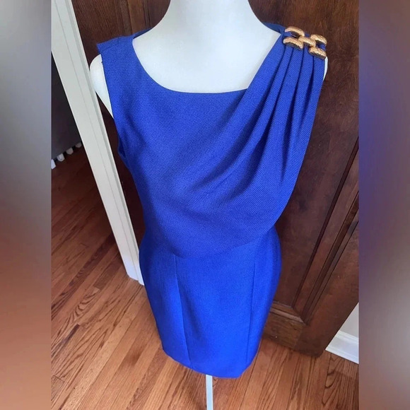 Kay Unger Blue Sheath Dress Gold Shoulder Accent Women Size 6 - Picture 2 of 6